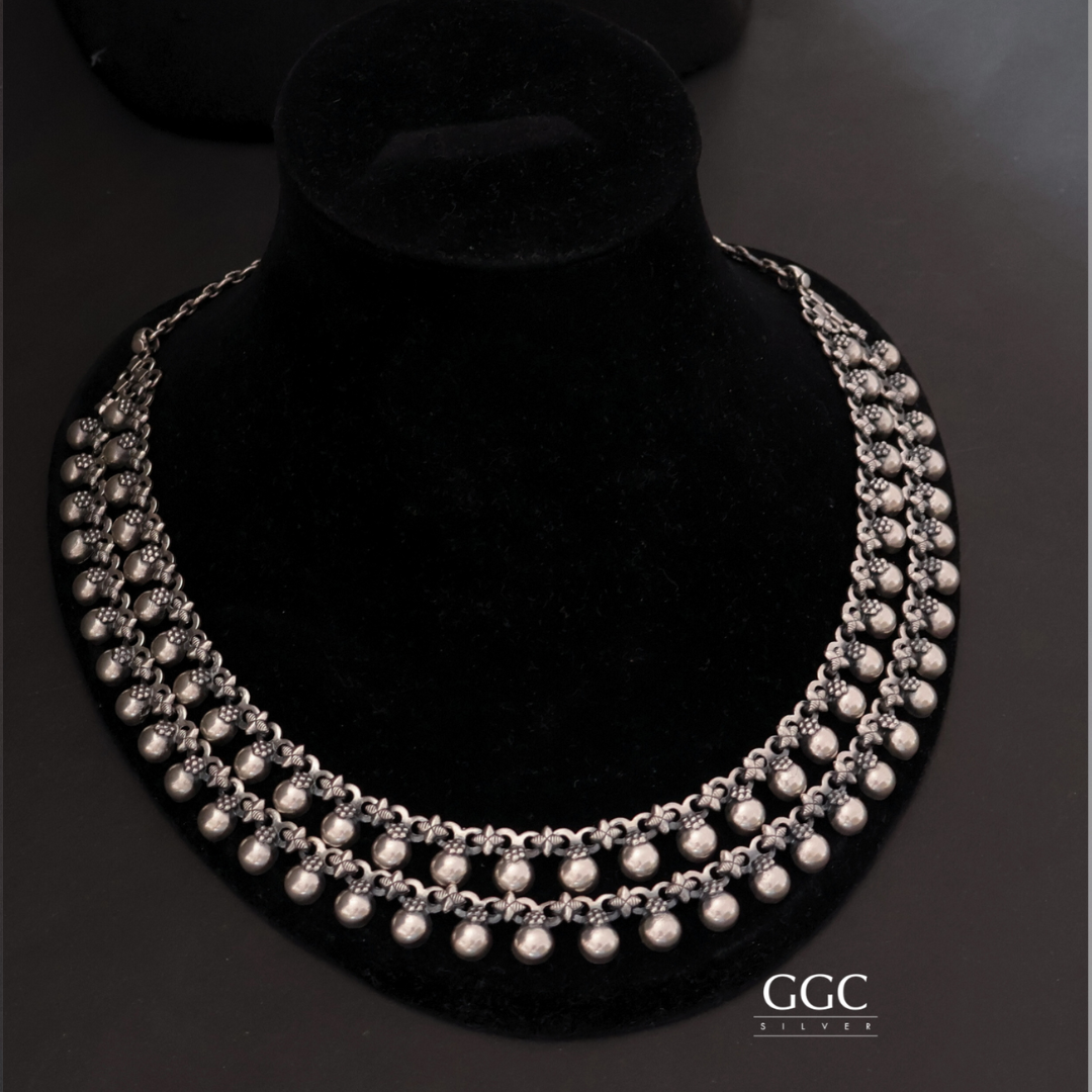 Beads 2 line silver necklace