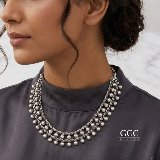 Beads 2 line silver necklace