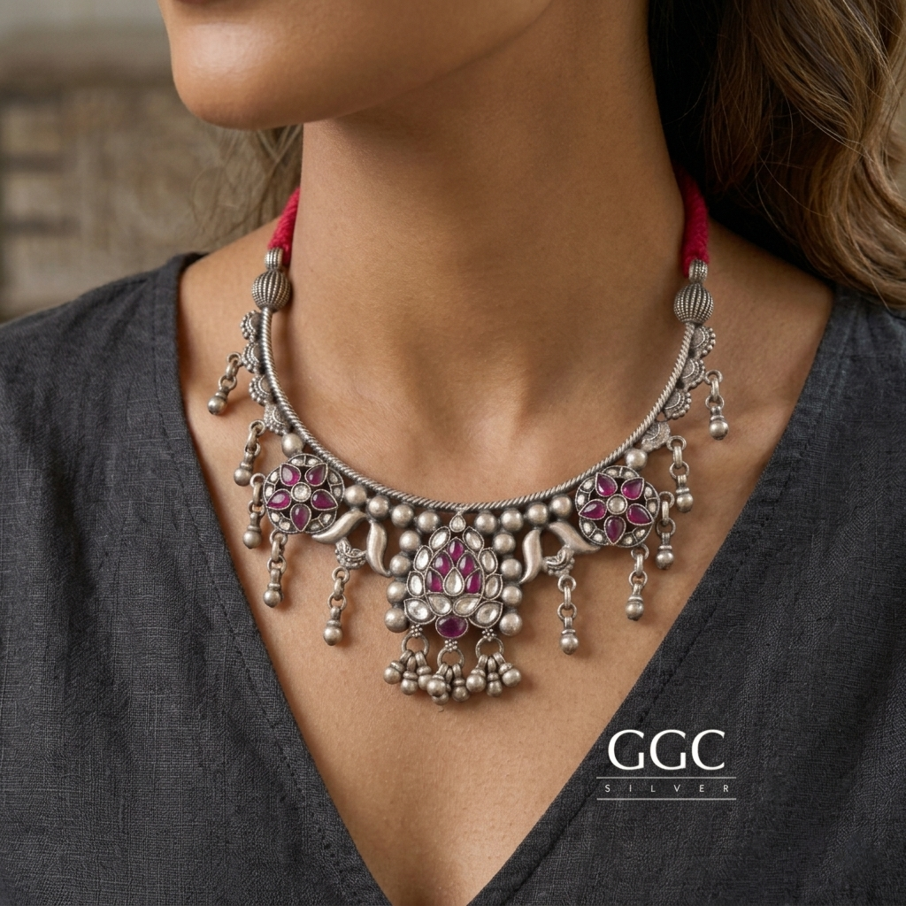 Kundan Silver Hasli Necklace