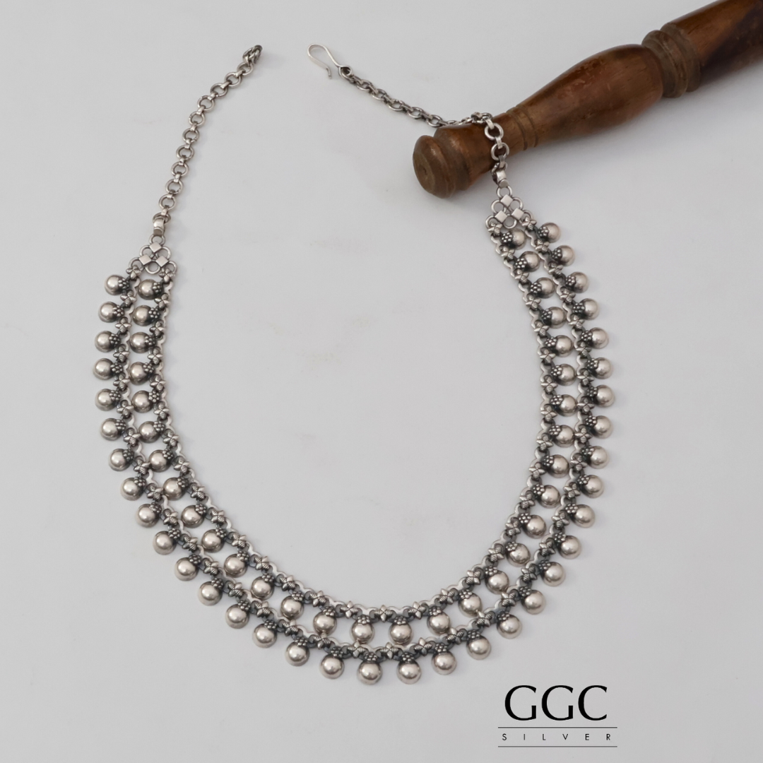 Beads 2 line silver necklace