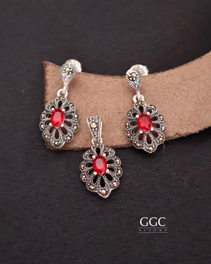 Red onyx Marcasite set